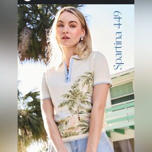 Spartina 449 Odessa Coastal Dreams Knit Palm Polo Top Sz XS NWT